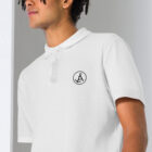 unisex pique polo shirt white zoomed in 647b4d9bc25c6